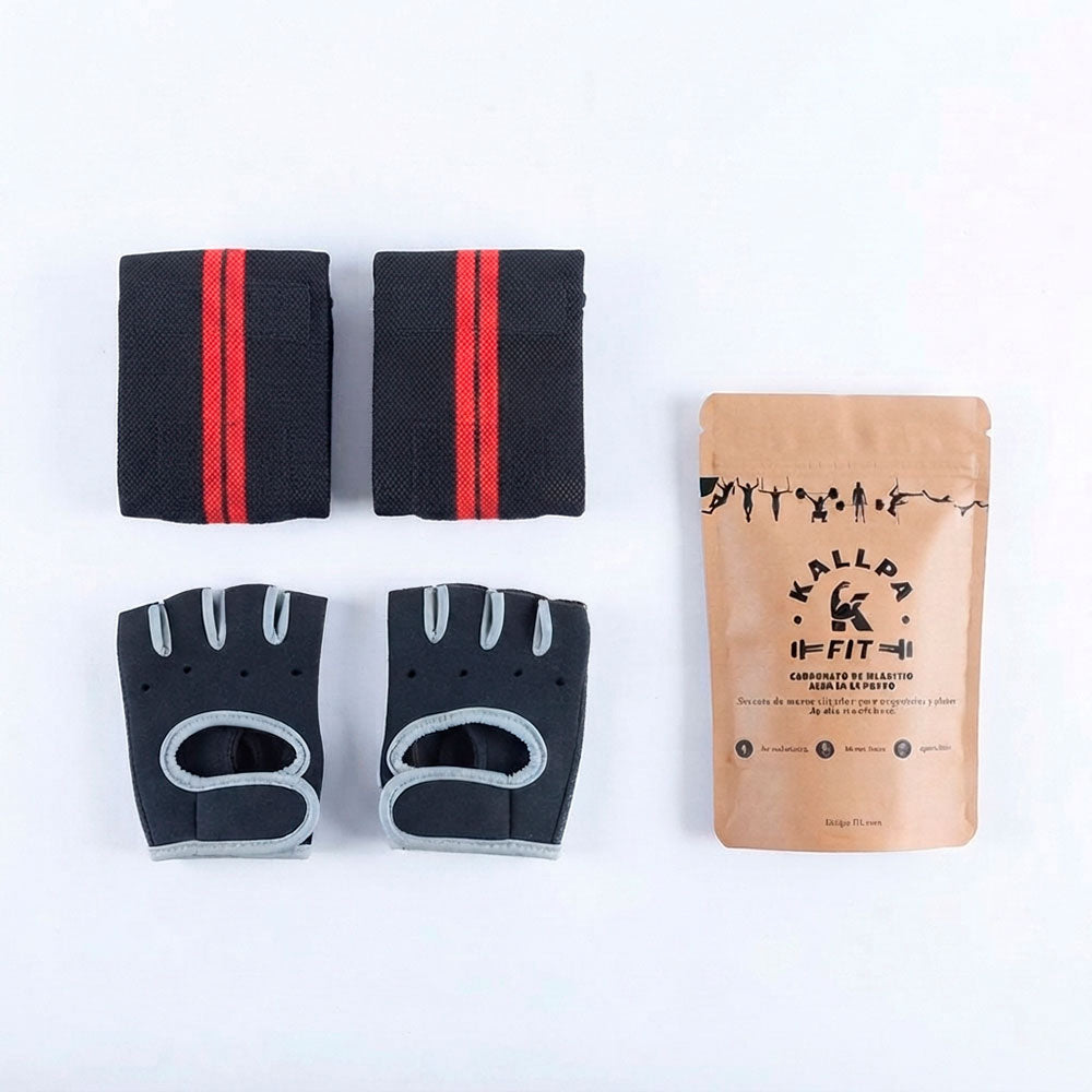 Pack Calistenia KallpaFit: muñequeras de potencia color rojo junto a guantes mitones color gris y bolsa de magnesio en polvo 100g