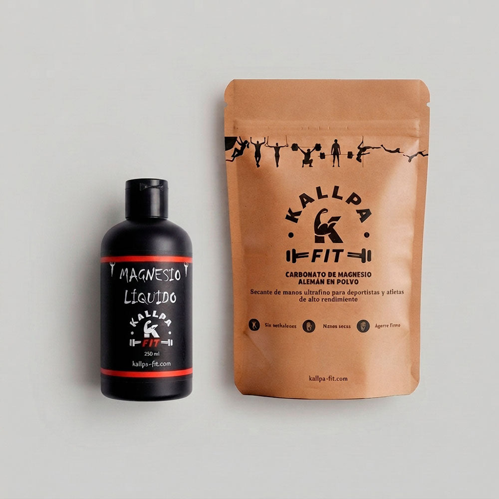 Pack Agarre Total KallpaFit: frasco de magnesio líquido 250ml junto a bolsa de magnesio en polvo 250g