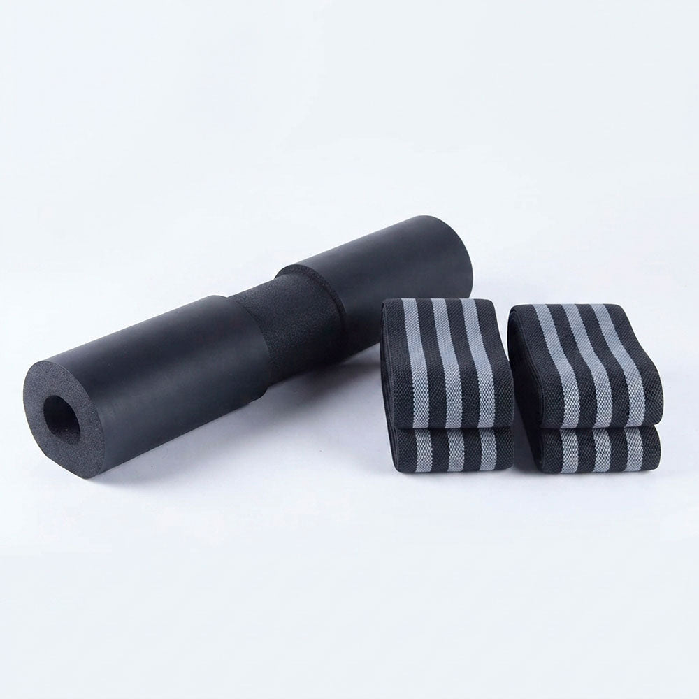 Pack Barra Segura KallpaFit: almohadilla para barra color negro junto a rodilleras de potencia color gris