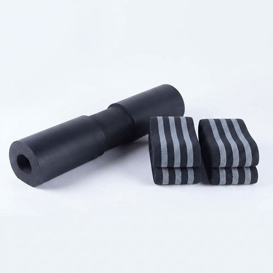 Pack Barra Segura KallpaFit: almohadilla para barra color negro junto a rodilleras de potencia color gris
