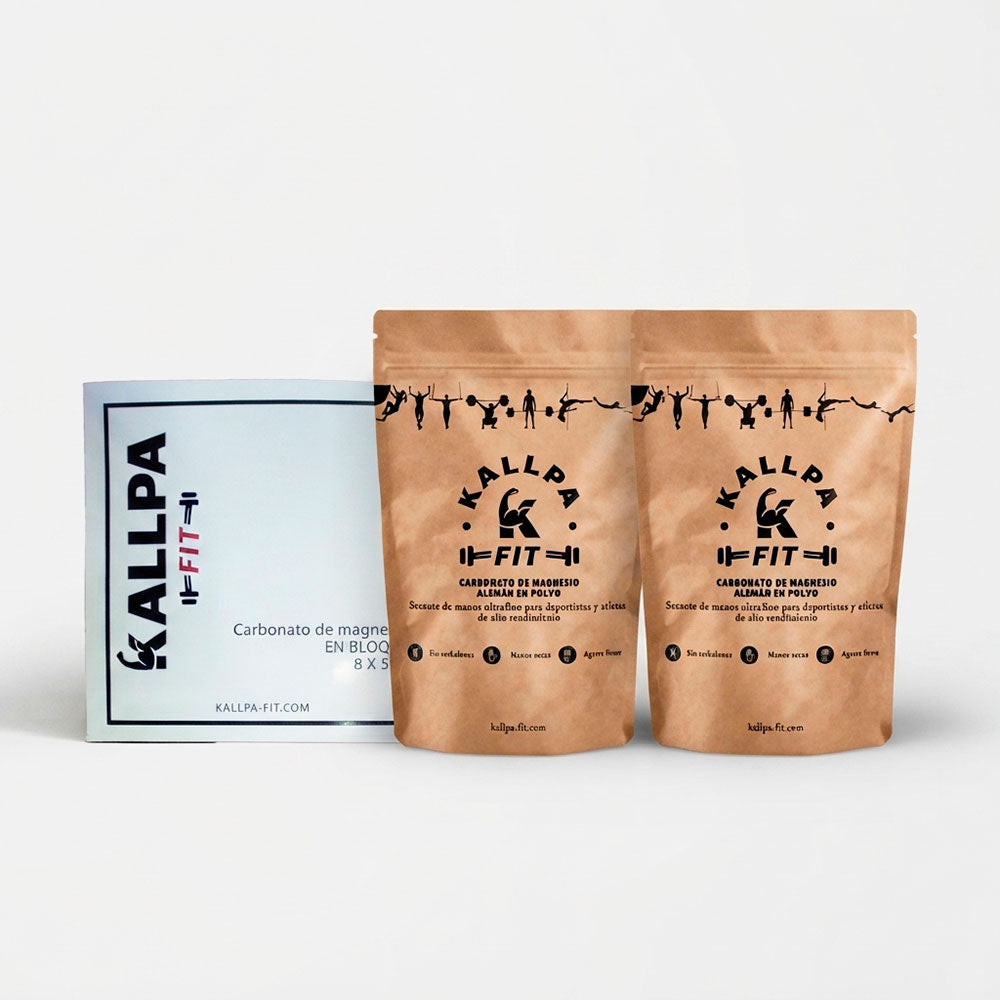 Pack Box Kallpa: caja de magnesio en bloque x8 junto a dos bolsas de magnesio en polvo de 500g (equivalente a 1kg), ideal para gimnasios y boxes