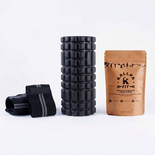 Pack CrossFit KallpaFit: muñequeras de potencia color gris junto a foam roller color gris y bolsa de magnesio en polvo 100g