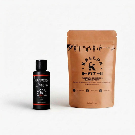 Pack Cumbre KallpaFit: frasco de magnesio líquido 100ml junto a bolsa de magnesio en polvo 100g