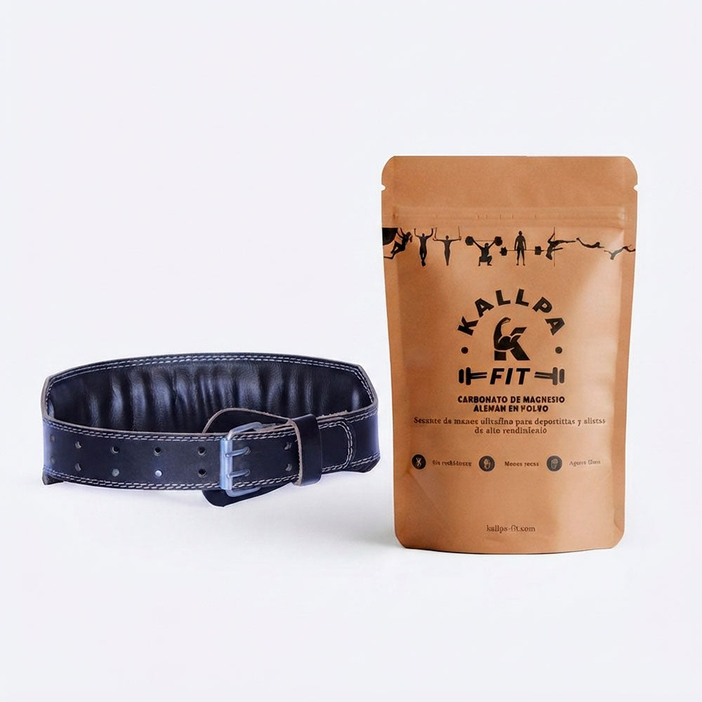 Pack Fuerza Bruta KallpaFit: cinturón de cuero para levantamiento de pesas junto a bolsa de magnesio en polvo 250g