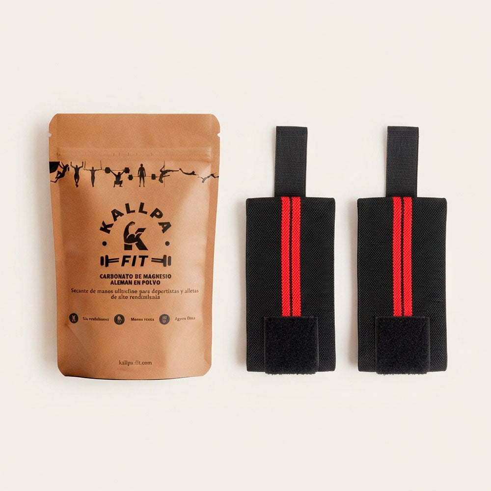 Pack Mini Gimnasta KallpaFit: bolsa de magnesio en polvo 100g junto a muñequeras de potencia color rojo