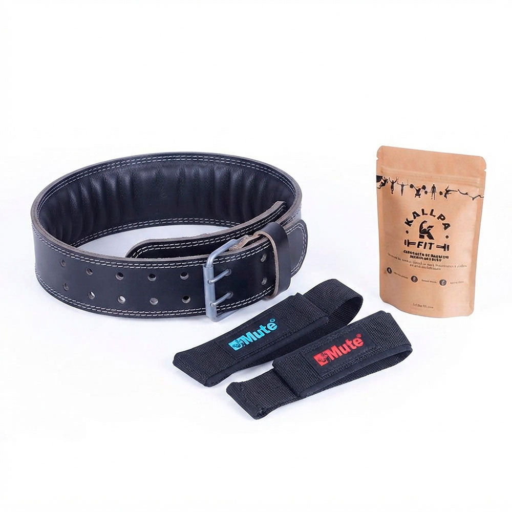 Pack Powerlifter KallpaFit: cinturón de cuero, correas de agarre y bolsa de magnesio en polvo 100g